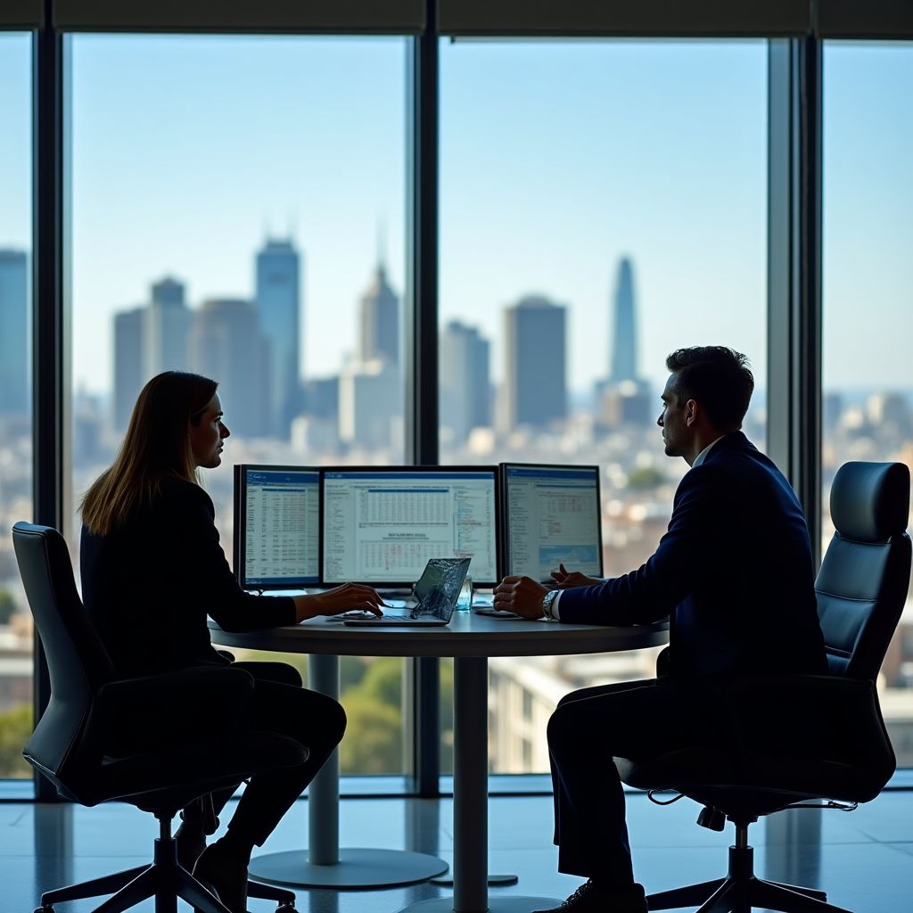 Equipo de consultores financieros analizando datos